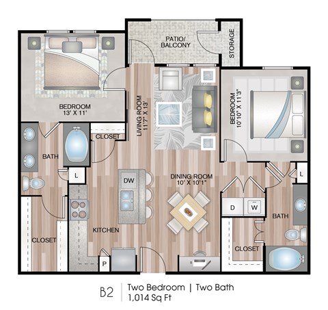 1,014 Square Foot 2 Bedroom Apartment Floor Plan